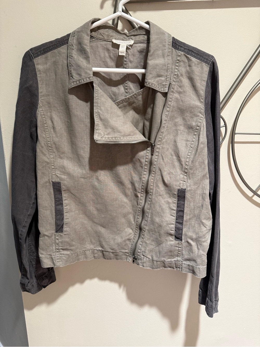 Eileen Fisher 100% Organic Linen Colorblock Moto Jacket Medium Grey Charcoal Zip